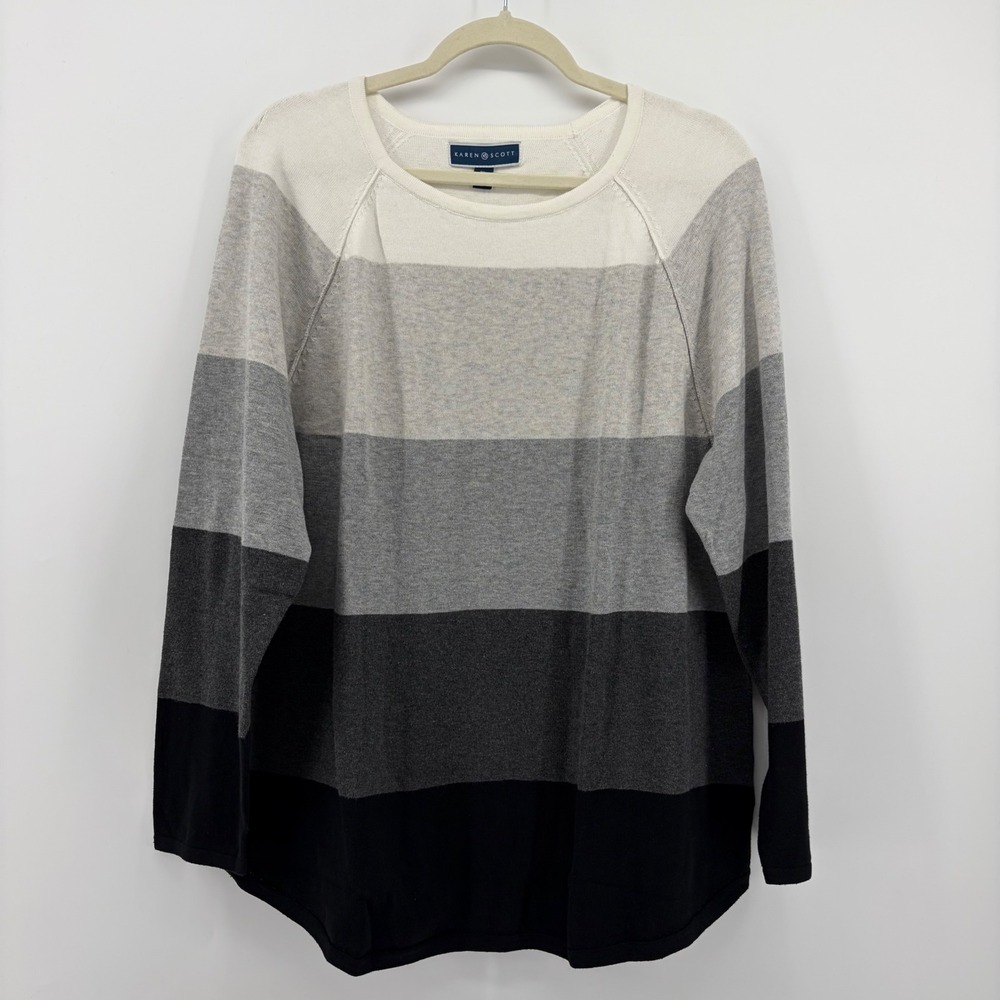 Karen Scott Sweater Black White Grey Womens XL Striped Cotton Curved‎ Hem Raglan